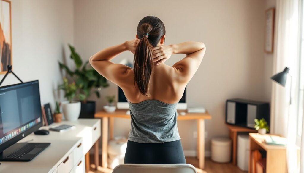 A cozy home office setting with a person performing a series of simple yet effective AI-powered back exercises. Soft, natural lighting illuminates the scene, capturing the gentle movements and stretches that aim to alleviate the discomfort of prolonged desk work. The pose and positioning of the subject convey a sense of calm and focused determination, as they follow the tailored AI guidance to improve their posture and spinal alignment. The background features minimal yet thoughtfully arranged decor, creating a serene and uncluttered atmosphere conducive to productive and rejuvenating fitness routines.
