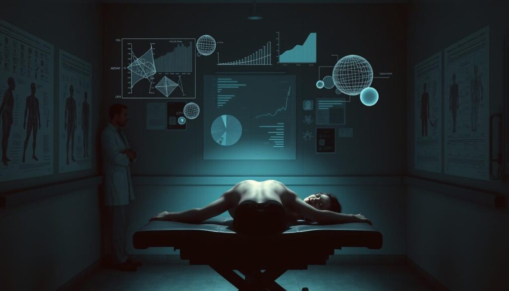 A dimly lit medical office, the walls adorned with anatomical charts. In the center, a patient lies on an examination table, their back exposed, wreathed in a soft, diffused light. Floating above them, abstract data visualizations – graphs, charts, and models – representing the complexities of AI-driven back pain treatment. Shadows on the walls suggest the presence of medical professionals, their silhouettes contemplating the data, considering the challenges and limitations of leveraging AI for this delicate task. The atmosphere is pensive, the mood one of cautious exploration, as the scene conveys the inherent difficulties of utilizing artificial intelligence to address the nuanced, highly personalized issue of back pain.