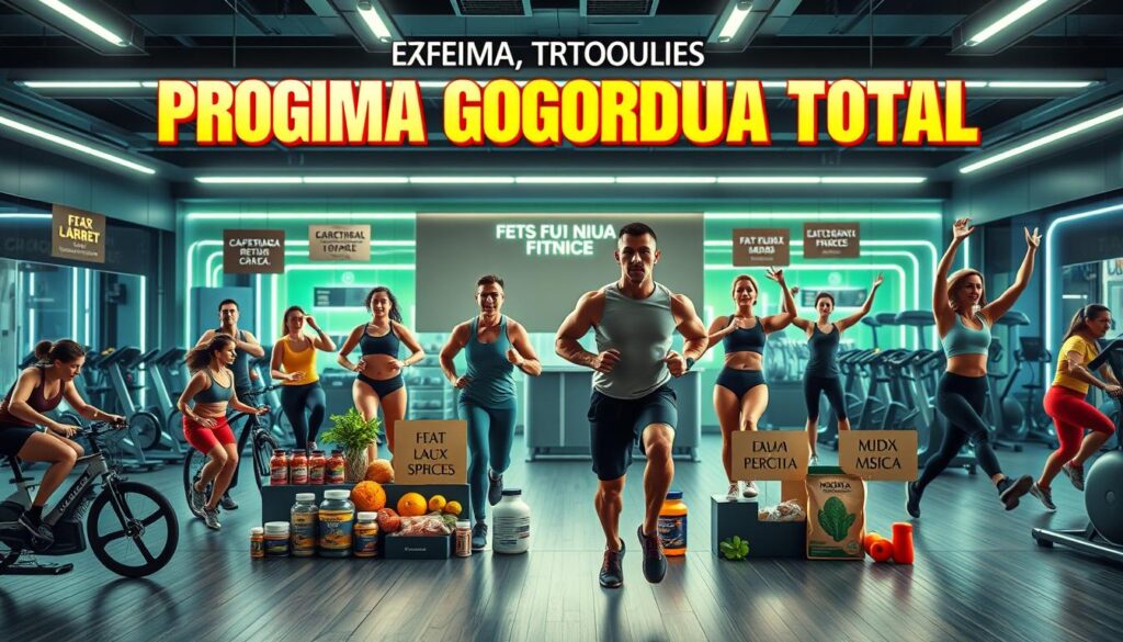 A high-energy, dynamic image of a comprehensive "Programa Queima Gordura Total" weight loss program. The foreground depicts a diverse group of people performing various fat-burning exercises - cycling, running, strength training, and yoga poses. They are surrounded by a middle-ground of healthy meal options, nutritional supplements, and motivational slogans. The background features a sleek, futuristic fitness center with state-of-the-art equipment, neon lighting, and a vibrant, energetic atmosphere. The overall scene conveys a sense of holistic wellness, empowerment, and determination to achieve a healthy, fit lifestyle through a complete, science-backed program.