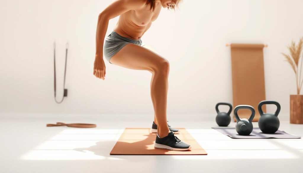 A high-intensity fitness program set against a clean, minimalist background. In the foreground, a dynamic figure performs a burpee, their muscles toned and defined. The middle ground showcases various exercise equipment, including resistance bands, kettlebells, and a yoga mat, all in muted, earthy tones. The lighting is bright and natural, highlighting the program's focus on holistic wellness. Subtle, abstract patterns in the background evoke a sense of energy and movement, complementing the central fitness routine. Overall, the image conveys a comprehensive, results-driven approach to fat-burning and metabolic acceleration.
