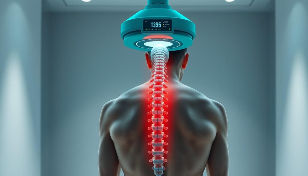 A patient's back, with a visual representation of AI-powered analysis and treatment options. A teal-hued, high-tech medical scanning device hovers above, its sleek design and glowing interface conveying the future of healthcare. In the foreground, a 3D anatomical model of the spine rotates, highlighting areas of concern. The background is a serene, minimalist medical setting, with clean lines and a calming atmosphere. The lighting is soft and directional, emphasizing the technological advancements at work. The overall mood is one of hope and progress, showcasing how AI can revolutionize the treatment of back pain.