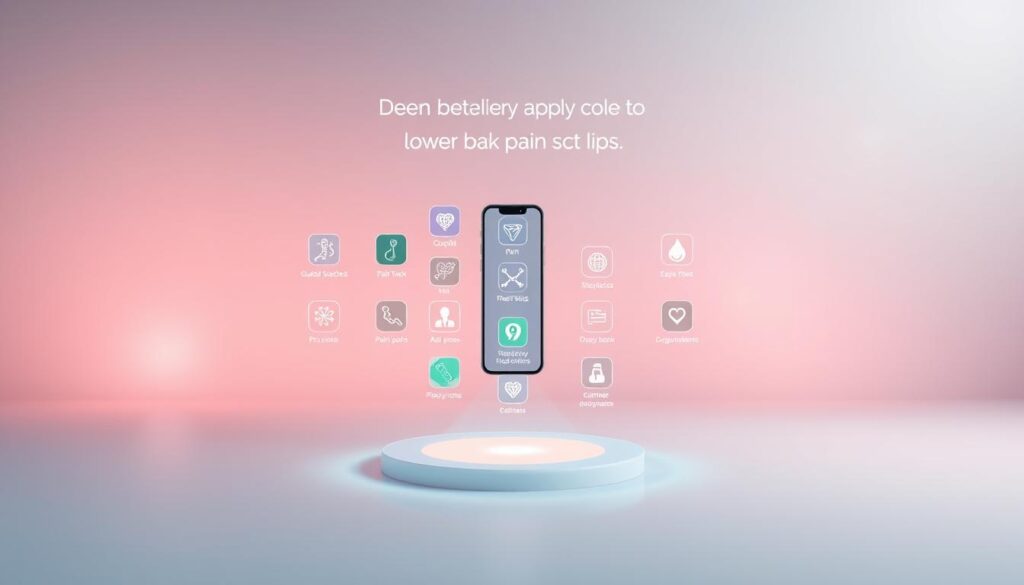 A serene and inviting digital interface showcasing a selection of mobile applications designed to alleviate lower back pain. The foreground features a central holographic display presenting various app icons, each with a clear visual cue to indicate its specific functionality, such as guided stretches, pain tracking, and personalized recommendations. The middle ground depicts a minimalist, pastel-toned environment with subtle ambient lighting, creating a calming and relaxing atmosphere. In the background, a soft gradient blend of soothing colors sets the stage, reinforcing the notion of finding relief and well-being through these AI-powered solutions.