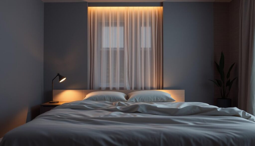 A serene, dimly lit bedroom with muted tones and soft, diffused lighting. In the foreground, a cozy double bed with a plush, high-quality mattress and high thread count sheets in a calming color palette. Beside the bed, a sleek, minimalist nightstand with a simple table lamp emitting a warm, ambient glow. In the middle ground, a large window with sheer curtains allowing soft, natural light to filter in, creating a peaceful and tranquil atmosphere. The background features a neutral-toned accent wall, with subtle textures and patterns, and a small potted plant adding a touch of nature. The overall scene conveys a sense of restfulness, relaxation, and optimal conditions for a high-quality, restorative sleep.