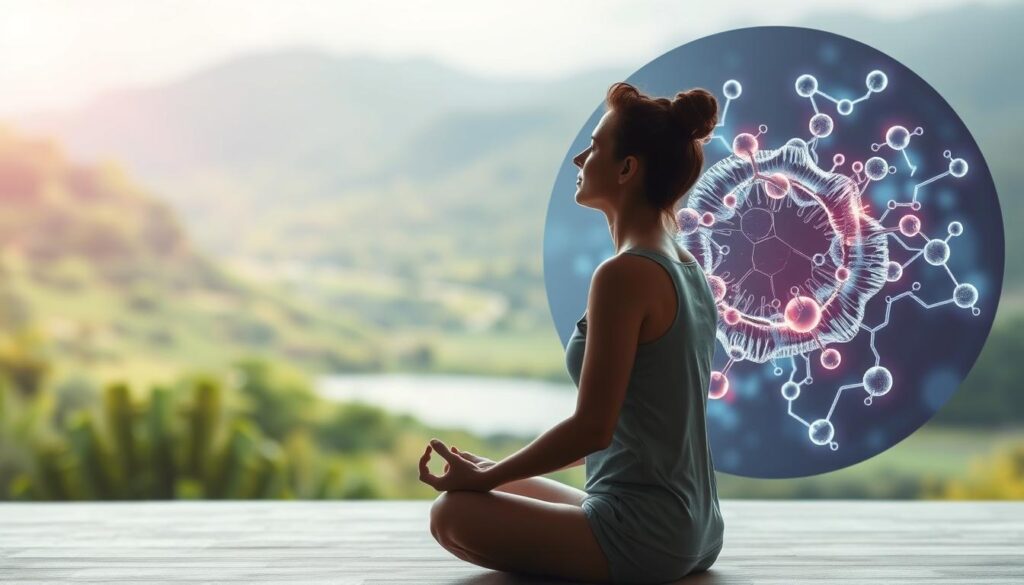A serene, minimalist scene depicting the relationship between stress and metabolism. In the foreground, a person sits in a meditative pose, eyes closed, exuding a sense of calm and inner balance. The middle ground features a microscopic view of metabolic processes, with intricate chemical reactions and pathways subtly illuminated. The background showcases a natural landscape, with lush greenery and a tranquil body of water, symbolizing the restorative power of the environment. Soft, diffused lighting creates a soothing, contemplative atmosphere, highlighting the importance of managing stress to optimize one's metabolism.