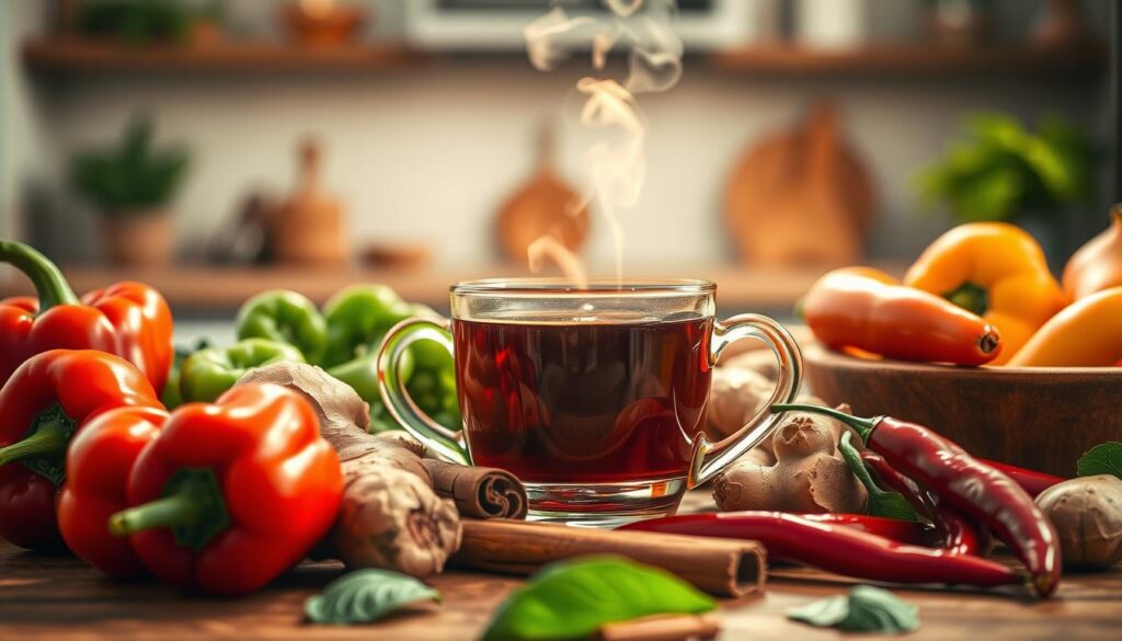 A vibrant still life capturing the benefits of thermogenic foods. In the foreground, an array of fresh, colorful produce - peppers, ginger, cinnamon, and chili peppers - arranged with care. The middle ground showcases a steaming cup of herbal tea, symbolizing the warming effects of these metabolism-boosting ingredients. The background features a softly blurred, minimalist kitchen setting, allowing the subject to take center stage. The lighting is warm and natural, casting a glow over the scene and emphasizing the rich hues of the foods. The composition is balanced and visually appealing, inviting the viewer to explore the topic of thermogenic foods and their many benefits beyond weight loss.