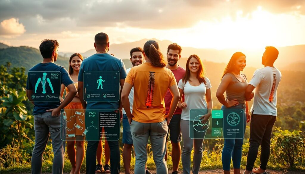 A vibrant tableau of successful Brazilians who have overcome lower back pain with the aid of AI-powered solutions. In the foreground, a diverse group of individuals stand confidently, their expressions radiating triumph and wellness. The middle ground showcases interactive AI interfaces, displaying personalized exercise routines and pain-management insights. In the background, a lush, verdant landscape evokes a sense of natural healing and rejuvenation. Warm, golden lighting bathes the scene, creating an atmosphere of hope and empowerment. Crisp, high-resolution details capture the nuances of the subjects' features and the seamless integration of technology. The overall composition conveys a message of success, innovation, and the transformative power of AI-driven healthcare solutions.