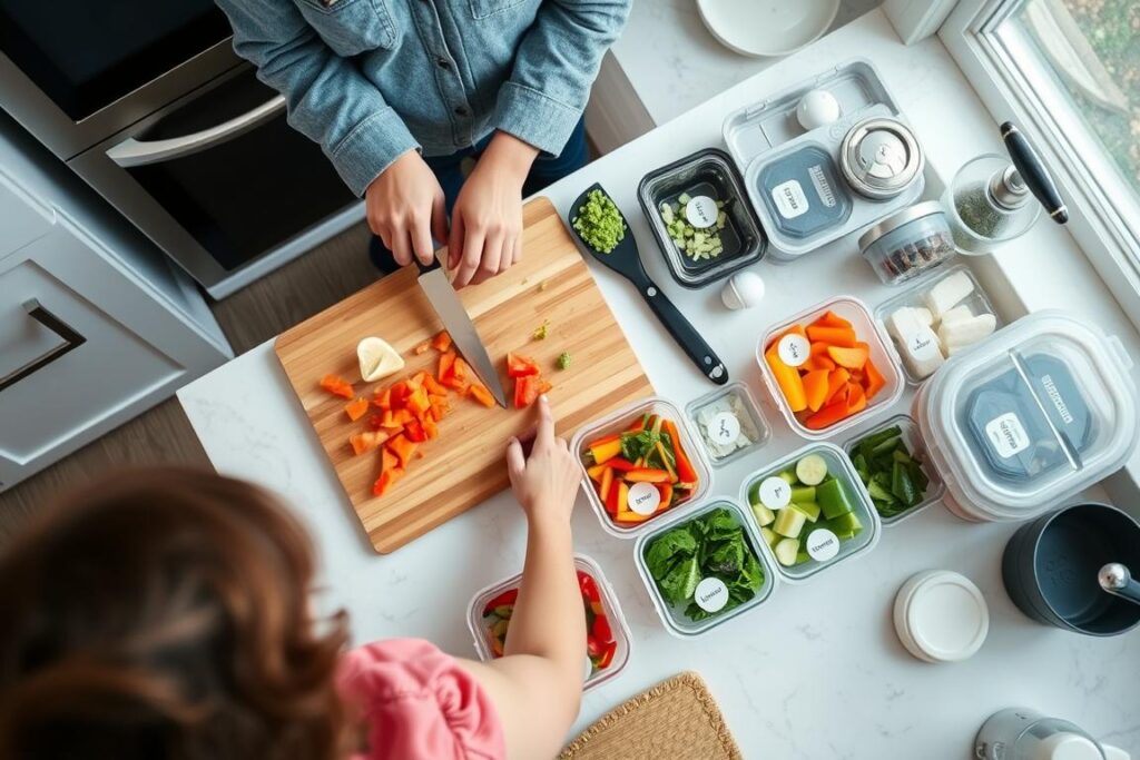 Pessoa utilizando técnicas de preparação em lote, cortando vegetais para preparar refeições diárias