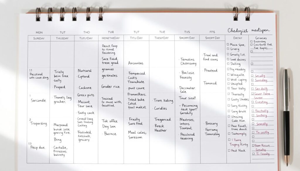 Plano de refeições semanal organizado com lista de compras para preparar refeições diárias