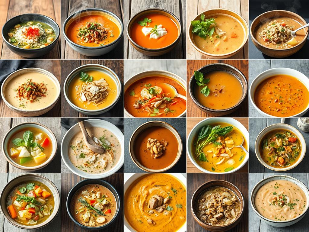 Sopas e caldos em diferentes variações para preparar refeições diárias nutritivas