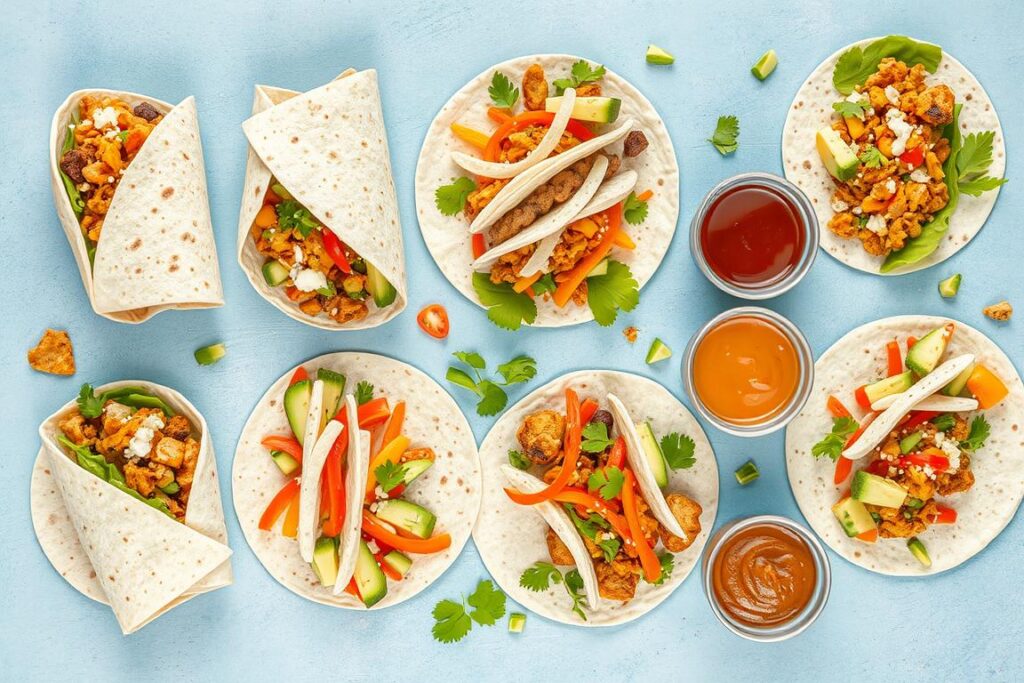Wraps e tacos com diferentes recheios para preparar refeições diárias variadas