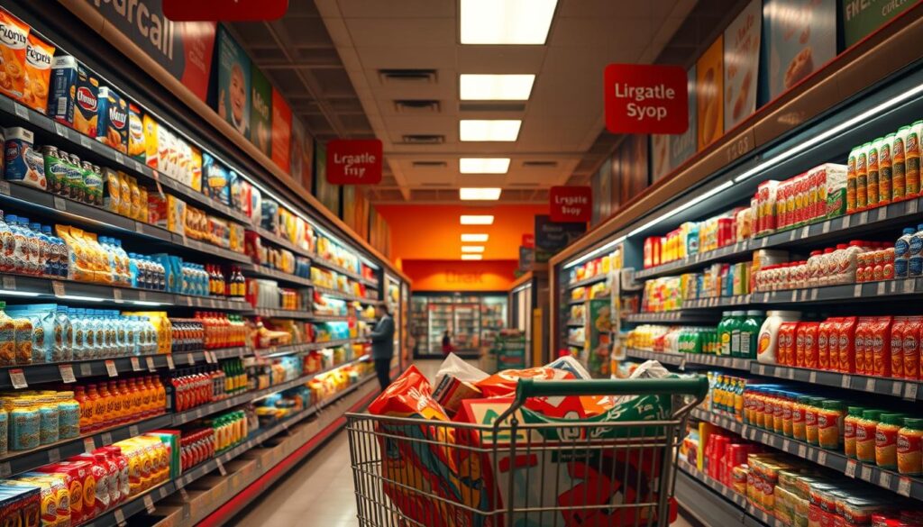 A sprawling supermarket aisle, bathed in warm, inviting lighting. Vibrant displays of enticing snacks, sugary cereals, and alluring beverages line the shelves, strategically placed to capture the shopper's attention. Carefully curated signage and promotional materials create a sense of urgency and desire, subtly guiding the unsuspecting consumer towards impulse purchases. In the foreground, a shopper's cart overflows with tempting items, hinting at the marketing tactics that have lured them in. The scene conveys the subtle yet powerful influence of supermarket marketing strategies, designed to manipulate consumer behavior and maximize profits.