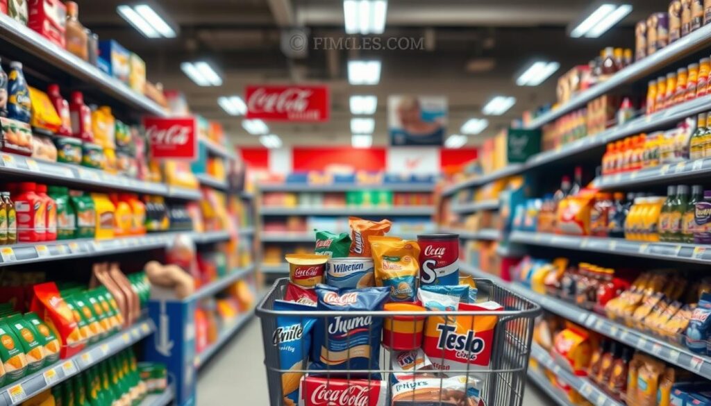 A well-lit supermarket aisle, with a prominent display of expensive brand-name items dominating the center of the frame. The background is blurred, drawing the viewer's focus to the foreground. Vibrant colors, carefully curated packaging, and strategic product placement create an illusion of value and desirability. The scene evokes a sense of consumerism and the psychological pull of branded goods, hinting at the financial toll of blindly loyal brand preferences.