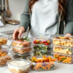 Pessoa organizando refeições preparadas em recipientes para a semana, demonstrando o planejamento de refeições diárias
