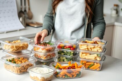 Pessoa organizando refeições preparadas em recipientes para a semana, demonstrando o planejamento de refeições diárias