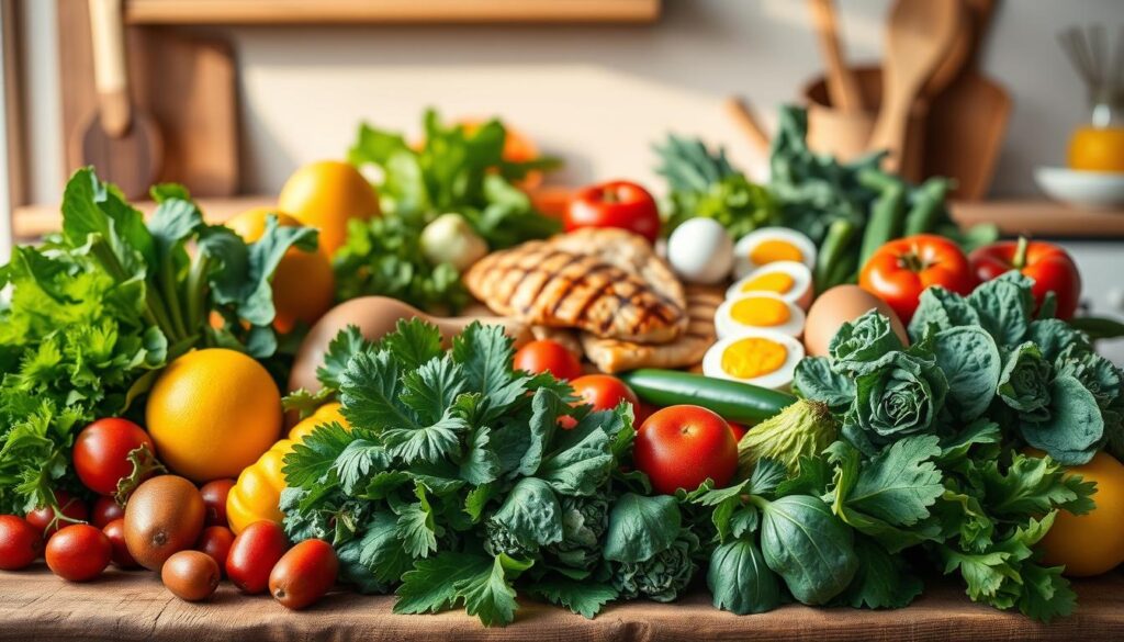 A bountiful still life arrangement showcasing a variety of key weight-loss promoting ingredients. In the foreground, an array of vibrant leafy greens, crisp vegetables, and succulent fruits sit atop a rustic wooden surface, bathed in warm, natural light. The middle ground features lean protein sources like grilled chicken and eggs, while the background hints at a minimalist kitchen setting with simple kitchen utensils. The overall composition conveys a sense of health, freshness, and culinary simplicity, perfectly suited to illustrate the "alimentos-chave" for an effective weight-loss diet.