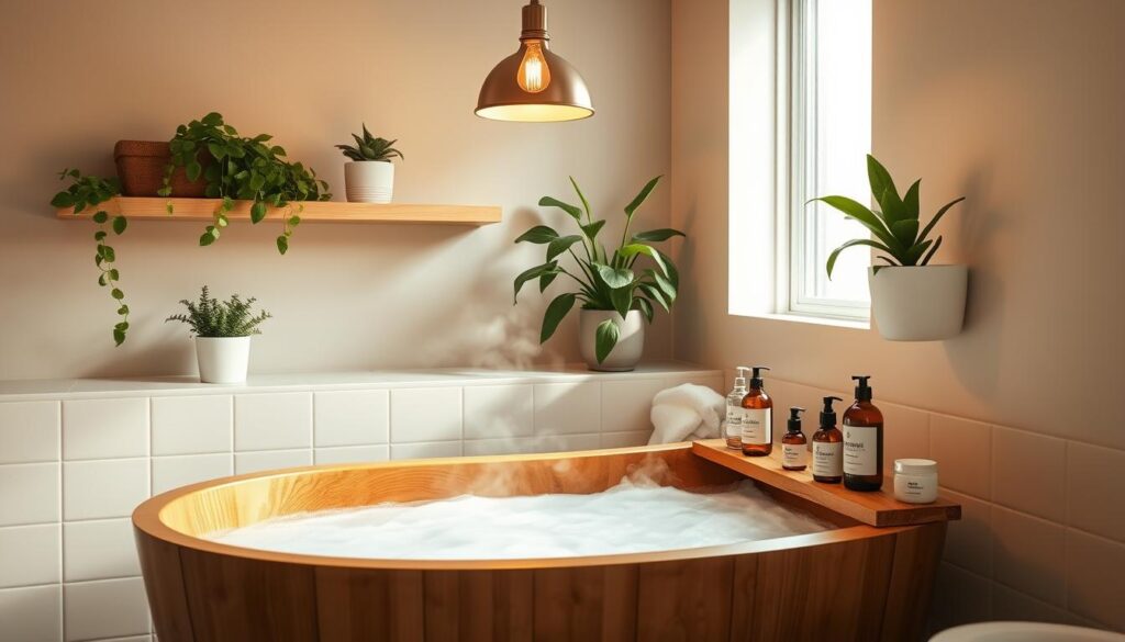 A calming and serene bathroom scene with a simple, wooden bathtub filled with steaming water. The warm light from a single pendant lamp casts a soft glow, creating a cozy and inviting atmosphere. Lush, green potted plants adorn the minimalist shelves, adding a touch of natural elegance. On the edge of the tub, a selection of natural skincare products - lotions, oils, and bath salts - are neatly arranged, hinting at a relaxing and rejuvenating self-care ritual. The overall mood is one of tranquility and mindfulness, perfectly capturing the essence of "banho inteligente pele seca" - a smart and nurturing bathing experience for dry skin.