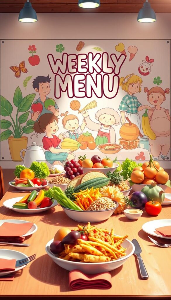 A cheerful, colorful weekly menu for children, featuring a variety of healthy, balanced meals. In the foreground, a neatly arranged table setting with plates, utensils, and napkins, creating an inviting atmosphere. In the middle ground, a variety of fresh, vibrant ingredients such as fruits, vegetables, grains, and proteins, arranged in an appetizing display. The background showcases a playful, whimsical illustration of friendly cartoon characters, adding a sense of fun and engagement for the young audience. The lighting is soft and warm, creating a cozy, family-friendly ambiance. The overall composition evokes a sense of nourishment, joy, and healthy eating habits for children.