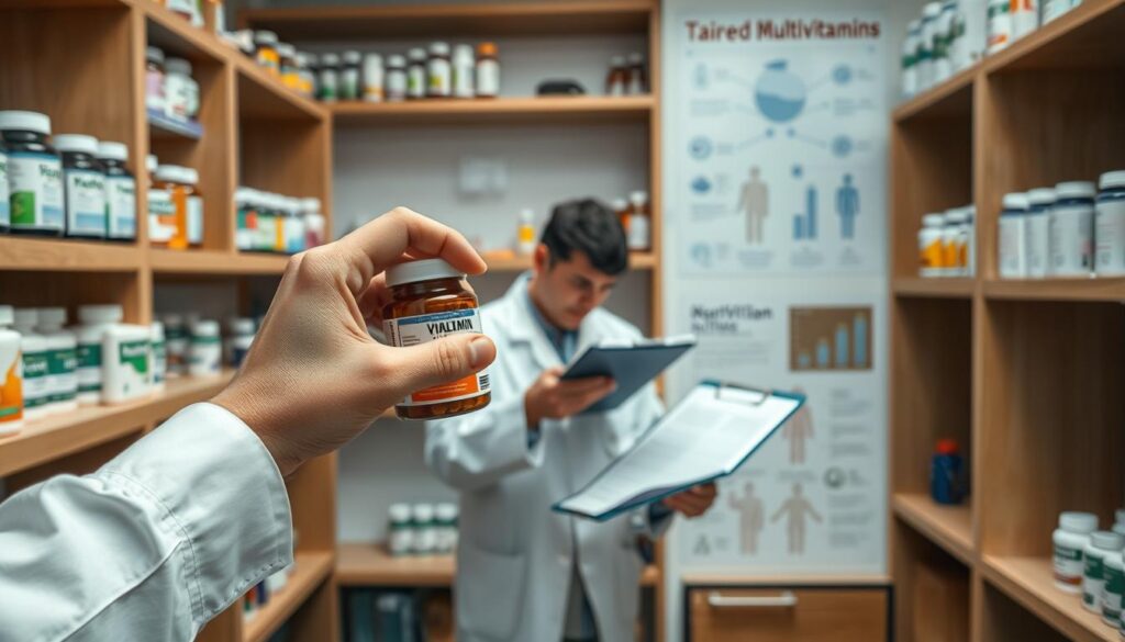 A clean, well-lit laboratory setting with wooden shelves displaying various multivitamin bottles and supplements. In the foreground, a hand carefully inspects and compares different multivitamin labels, considering factors like nutritional composition, certifications, and target demographics. The middle ground showcases a nutritionist analyzing test results on a clipboard, while the background features diagrams and infographics on the benefits of tailored multivitamin regimens. The overall atmosphere conveys a sense of informed decision-making and personalized healthcare.