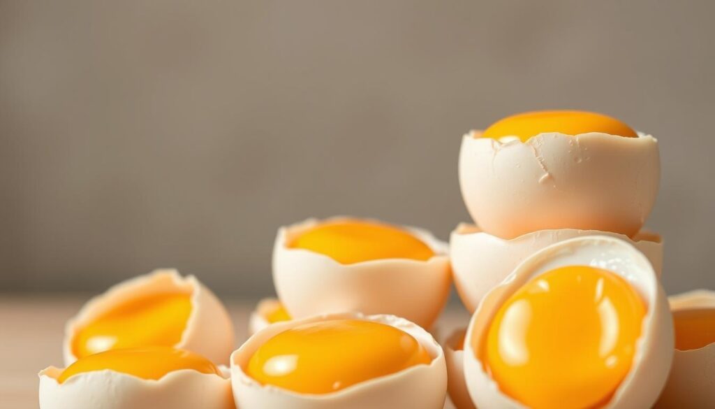 A close-up, high-resolution image of a stack of fresh, organic, free-range eggs with soft, golden yolks, shot in natural lighting against a minimalist, muted background. The eggs are arranged in a visually appealing, symmetrical pattern, showcasing their rich, creamy texture and subtle sheen. The composition emphasizes the nutritional value and wholesome qualities of this versatile, protein-dense food. The overall mood is calm, inviting, and appetizing, reflecting the image's role in highlighting eggs as a key ingredient for healthy weight management and muscle maintenance.