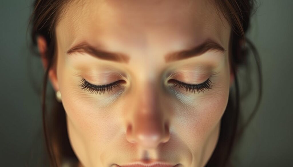 A close-up of a person's face, with a focus on the undereye area. The skin around the eyes appears slightly discolored and shadowed, indicating the presence of dark circles or bags. The lighting is soft and diffused, creating a warm, natural atmosphere. The face is framed in a medium shot, allowing the viewer to clearly see the details of the undereye region. The overall tone is one of subtle imperfection, highlighting the need for an effective undereye treatment solution. The background is blurred and unobtrusive, keeping the attention on the subject's face.