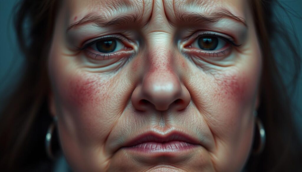 A close-up photograph of a woman's face, showcasing the characteristic signs of pre-eclampsia. The skin appears flushed, with visible swelling around the eyes and cheeks. The subject's gaze is direct and concerned, conveying the seriousness of the condition. The lighting is soft and diffused, creating a sense of vulnerability and urgency. The background is blurred, placing the emphasis entirely on the subject's facial features. The image is captured with a macro lens, allowing for intricate details to be observed, such as the texture of the skin and the subtle changes in tone and pigmentation.