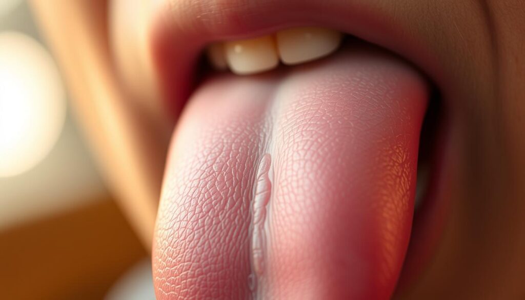 A close-up shot of a human tongue, capturing the intricate textures and taste receptors that make up the palate. The tongue is slightly protruding, revealing the nuanced ridges and papillae that enable the perception of flavors. The lighting is soft and natural, casting a warm, inviting glow on the moist, pink surface. The depth of field is shallow, keeping the tongue in sharp focus while the background blurs into a hazy, out-of-focus backdrop, emphasizing the primary subject. The overall mood is one of curiosity and exploration, inviting the viewer to consider the complex mechanisms that underlie the human sense of taste.