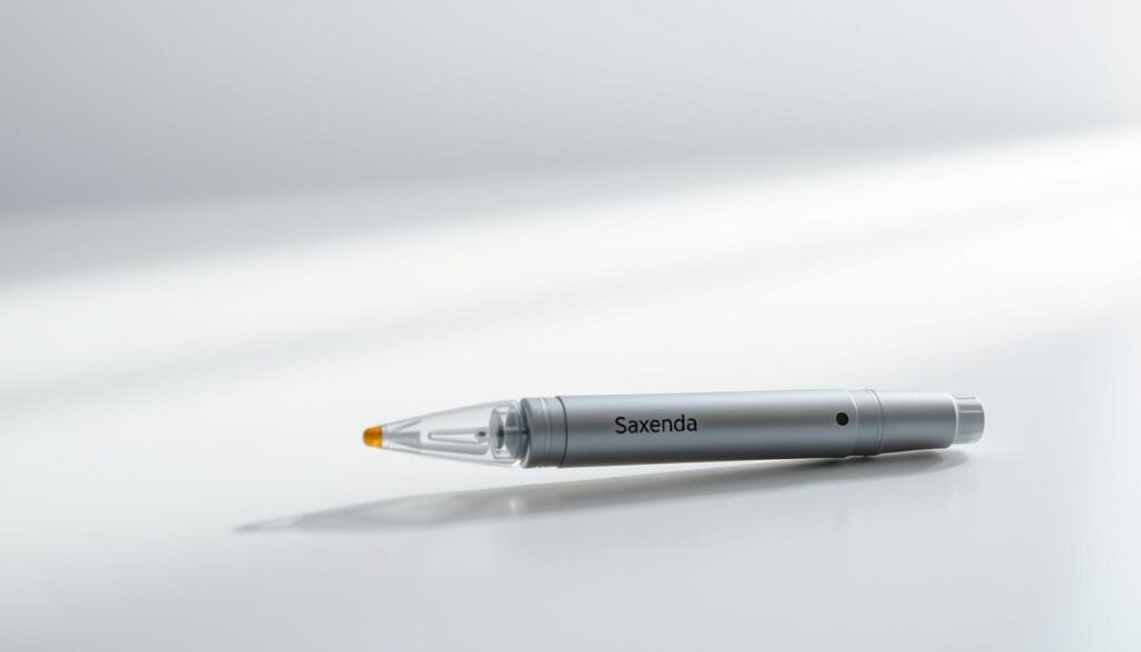 A close-up shot of the Saxenda medication pen, showcasing its sleek and modern design. The pen is positioned on a clean, minimalist surface, with subtle shadows and highlights that accentuate its elegant contours. The lighting is soft and diffused, creating a sense of tranquility and focus on the product. The background is blurred, keeping the viewer's attention solely on the Saxenda pen, which is the central subject of the image. The overall composition and styling convey a sense of professionalism, quality, and the potential efficacy of the weight-loss medication.