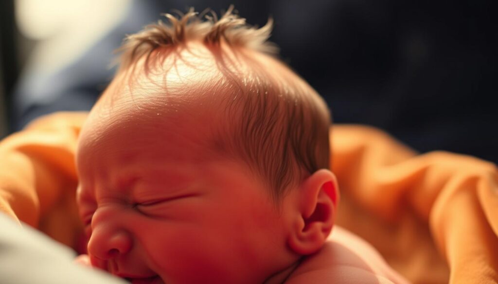 A close-up view of a newborn baby's crowned head, emerging from the birth canal during the moment of delivery. The skin is delicate and reddish, with a soft, vernix-coated layer covering the fragile skull. Soft tufts of dark hair are visible, gently parting as the head slowly crowns. The lighting is warm and natural, casting a gentle glow on the tender scene. The perspective is focused and intimate, drawing the viewer's attention to the profound and awe-inspiring process of new life entering the world.