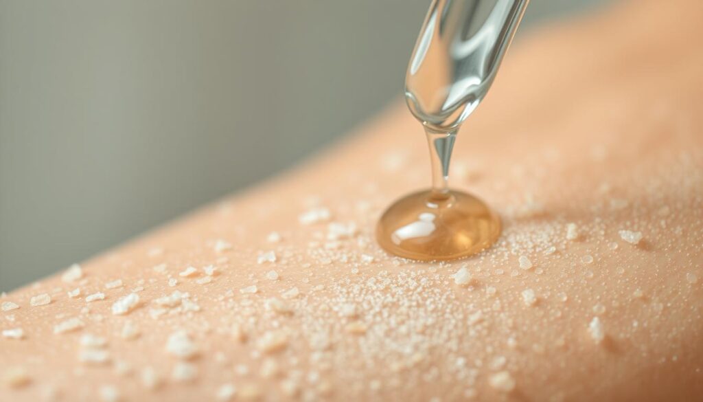 A close-up view of a peeling skin treatment, showcasing the gradual removal of the outer layer of the epidermis. The foreground features a gently exfoliating skin surface, with a translucent, flaky texture revealing the fresh, rejuvenated skin beneath. The middle ground depicts the application of a viscous, acidic solution, glistening under soft, diffused lighting. The background blurs into a serene, out-of-focus backdrop, allowing the viewer to focus on the intricate process of this dermatological treatment. The overall mood is one of transformation and renewal, capturing the essence of a skin-smoothing peeling procedure.
