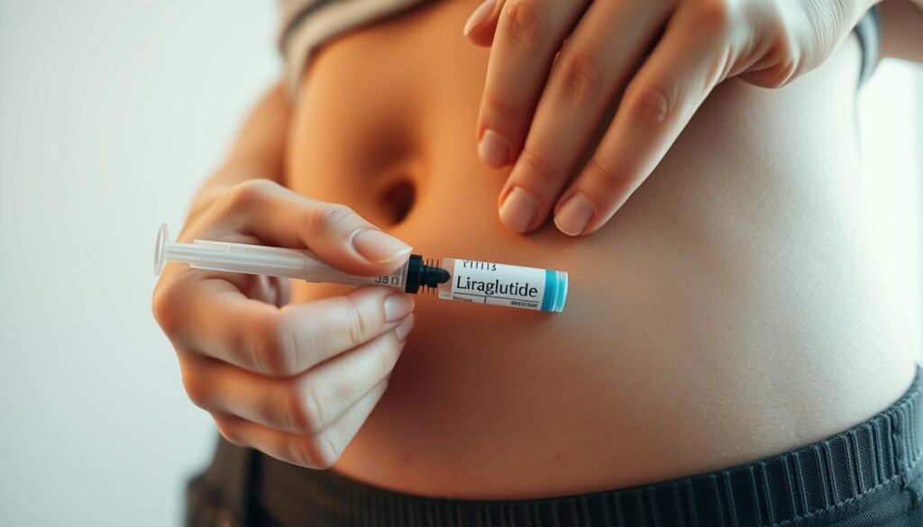 A close-up view of a person's hand administering an injection of liraglutide medication into their abdomen. The syringe is held at a slight angle, with the skin pinched gently between the fingers. The background is softly blurred, keeping the focus on the precise and delicate act of self-injection. Warm, natural lighting casts a subtle glow, conveying a sense of care and attention to detail. The overall scene exudes a feeling of professionalism and personal responsibility in properly managing one's health condition.