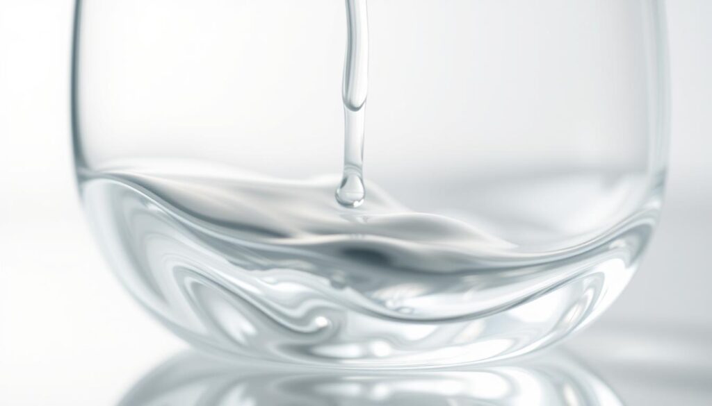 A close-up view of a transparent, viscous liquid substance with a smooth, glossy appearance. The liquid reflects light, creating a subtle sheen across its surface. The liquid is suspended in a delicate, glass container, allowing the viewer to observe its captivating texture and fluidity. The scene is illuminated by soft, diffused lighting, creating a serene and calming atmosphere. The background is blurred, placing the focus entirely on the captivating essence of the hyaluronic acid, an essential skincare ingredient known for its ability to maintain skin firmness and youthfulness.