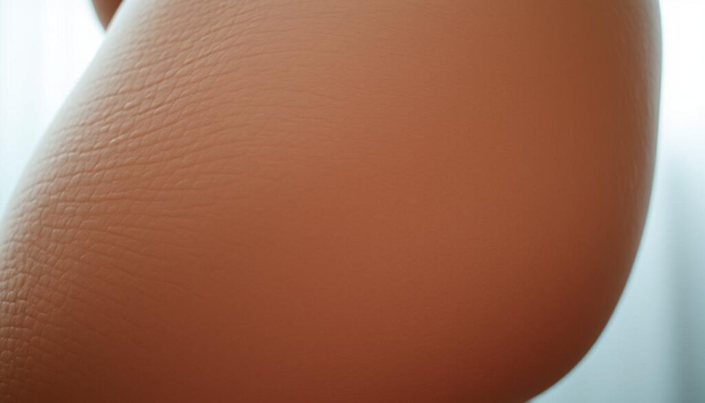 A close-up view of a woman's thigh, capturing the dimpled and uneven texture of cellulite. The skin appears slightly reddish, with subtle undulations and ridges that give the characteristic "orange peel" appearance. The lighting is soft and diffused, creating a muted, documentary-style atmosphere that highlights the natural, imperfect nature of the subject. The framing is tight, focusing the viewer's attention on the intricate details of the skin's surface. The overall tone is one of clinical observation, inviting the viewer to examine the complexity and nuances of this common skin condition.