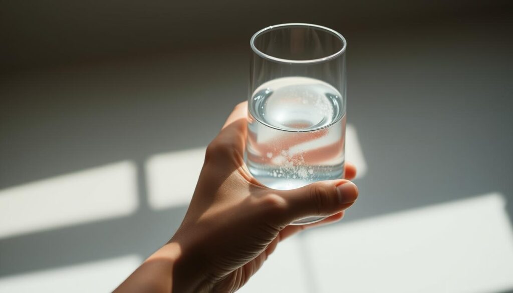 A closeup shot of a hand holding a glass filled with a clear liquid, viewed from a slightly elevated angle. The hand is in focus, while the background is softly blurred, creating a sense of depth and emphasis on the glass and its contents. The lighting is natural and diffused, casting gentle shadows and highlights on the hand and glass, conveying a calm, contemplative atmosphere. The liquid in the glass appears to be water or a light-colored supplement, with a few bubbles visible, hinting at the effervescent nature of the substance. The overall composition is clean and minimalist, allowing the central elements to take center stage and communicate the idea of "ingestão" in a visually compelling way.