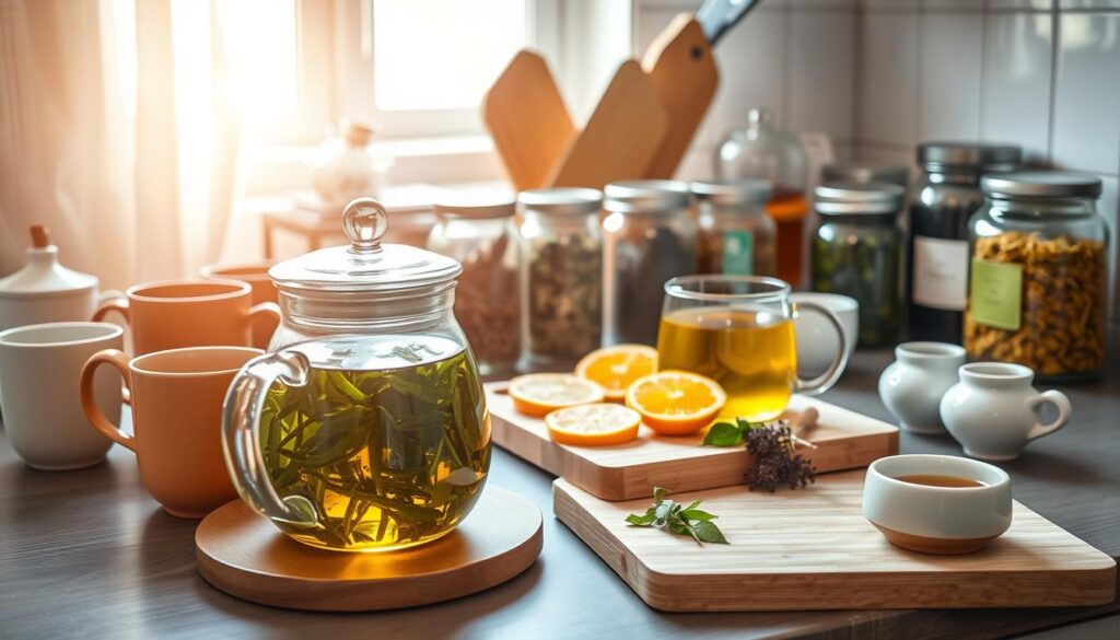 A cozy kitchen counter with an array of artfully arranged tea accessories. In the foreground, a glass teapot filled with steaming herbal tea, surrounded by an assortment of ceramic mugs, tea infusers, and jars of fragrant loose-leaf teas. The middle ground features a cutting board with sliced citrus fruits, fresh herbs, and a small ceramic bowl of honey, evoking the natural, detoxifying ingredients of a healthy tea ritual. The background showcases a tidy, well-lit space, with light streaming in through a window, casting a warm, inviting glow over the scene. The overall composition conveys a sense of mindfulness, wellness, and the intentional integration of soothing tea into one's daily life.