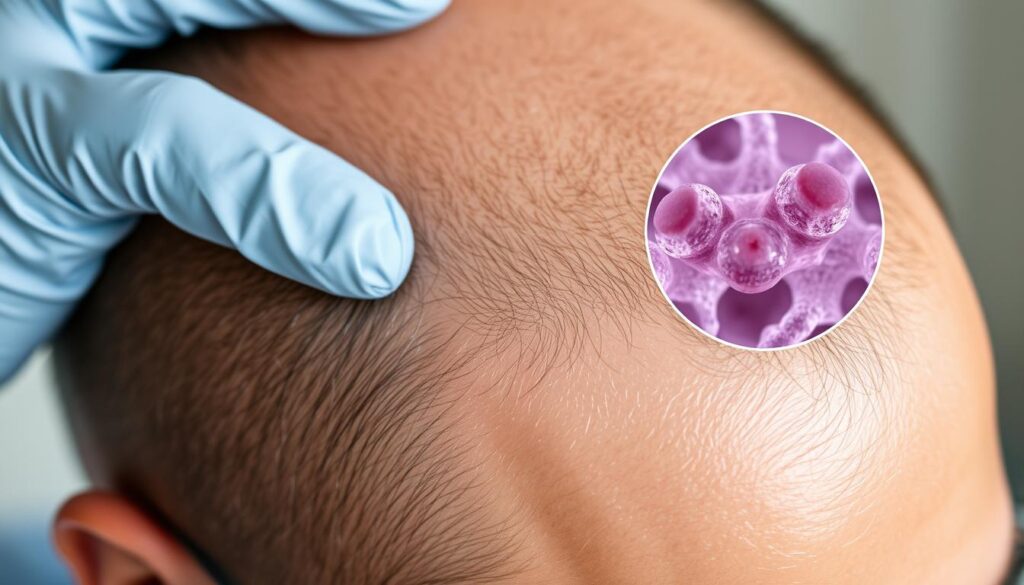 A detailed close-up view of a human scalp, showcasing various procedures and treatments for hair loss. The skin appears healthy and radiant, with the follicles and pores clearly visible. In the foreground, a dermatologist's gloved hand is gently massaging the scalp, demonstrating a rejuvenating scalp massage technique. In the middle ground, a high-resolution microscopic view reveals the intricate structure of the hair follicles, highlighting their condition and potential areas of concern. The background subtly blurs, creating a sense of depth and focus on the primary subject matter. The lighting is soft and natural, casting subtle shadows that accentuate the contours of the scalp. The overall mood is one of clinical precision and attention to detail, reflecting the importance of proper hair and scalp care.