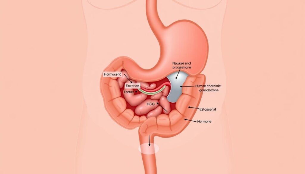 A detailed cross-section illustration of the human stomach, highlighting the complex hormonal interactions that contribute to nausea and vomiting during pregnancy. The image should depict the stomach's anatomy, with labeled sections showcasing the production and release of hormones like estrogen, progesterone, and human chorionic gonadotropin (hCG). The illustration should convey a scientific and educational mood, with clean lines, muted colors, and a precise, medical-style rendering to support the article's informative tone.