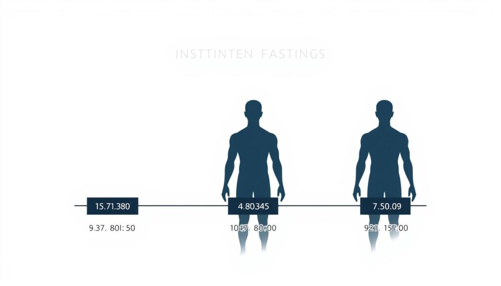 A detailed illustration depicting three distinct protocols of intermittent fasting, set against a minimalist, clean background. The foreground showcases the fasting duration for each protocol, using clean typography and simple iconography. The middle ground features three human silhouettes, each in a different fasting stage, conveying the physiological effects. The background subtly hints at the passing of time with a gentle gradient. The overall composition is balanced, visually appealing, and effectively communicates the key information about the various intermittent fasting protocols.