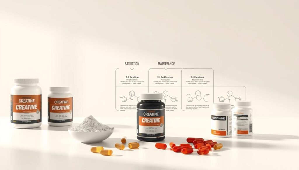 A detailed illustration showcasing the step-by-step protocols for creatine supplementation, with a clean, modern aesthetic. In the foreground, various creatine powder and capsule supplements are arranged neatly on a minimalist tabletop, casting soft shadows. The middle ground features a series of infographic-style illustrations depicting the saturation and maintenance phases of creatine supplementation, using a muted color palette and clean, schematic diagrams. The background is a plain, off-white studio setting, with subtle, even lighting from above, creating a sense of clarity and focus on the supplementation information.