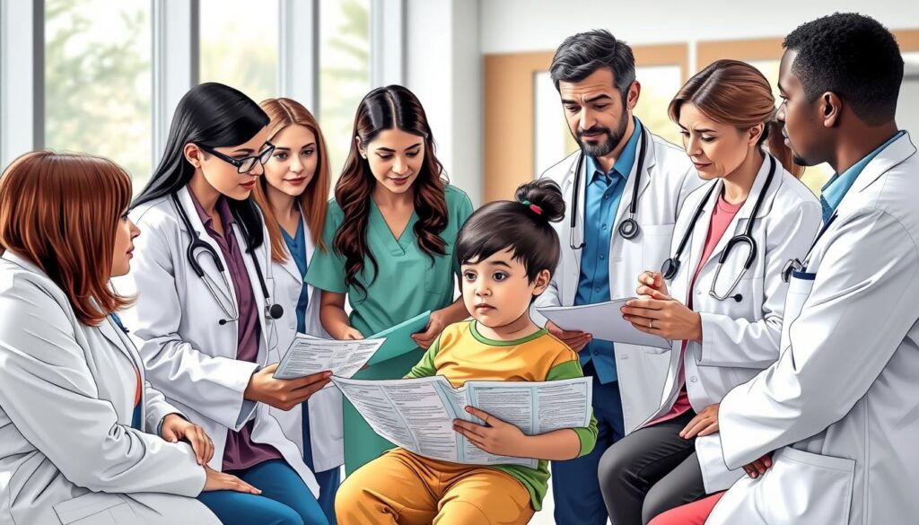 A diverse team of healthcare professionals gathered around a young patient, including a pediatrician, nutritionist, exercise specialist, and mental health counselor. They are engaged in a collaborative discussion, examining medical charts and discussing a comprehensive treatment plan to address the child's obesity. The scene is set in a modern, well-equipped clinic, with natural lighting filtering through large windows. The mood is one of thoughtful, empathetic concern as the team works to provide the patient and their family with the resources and support they need.