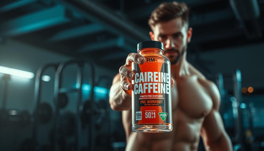 A dynamic and energetic scene depicting a pre-workout supplement containing caffeine. In the foreground, a neon-lit bottle of the supplement stands prominently, its vibrant colors and sleek design radiating power and intensity. In the middle ground, a hand reaches out to grasp the bottle, conveying the user's anticipation and motivation. The background is a dimly lit gym setting, with the faint outlines of weight racks and exercise equipment, creating a sense of focus and determination. The lighting is a mix of cool, directional illumination and warm, ambient tones, highlighting the supplement's bold branding and the user's determined expression. The overall mood is one of pre-workout energy, readiness, and the promise of a transformative training session.