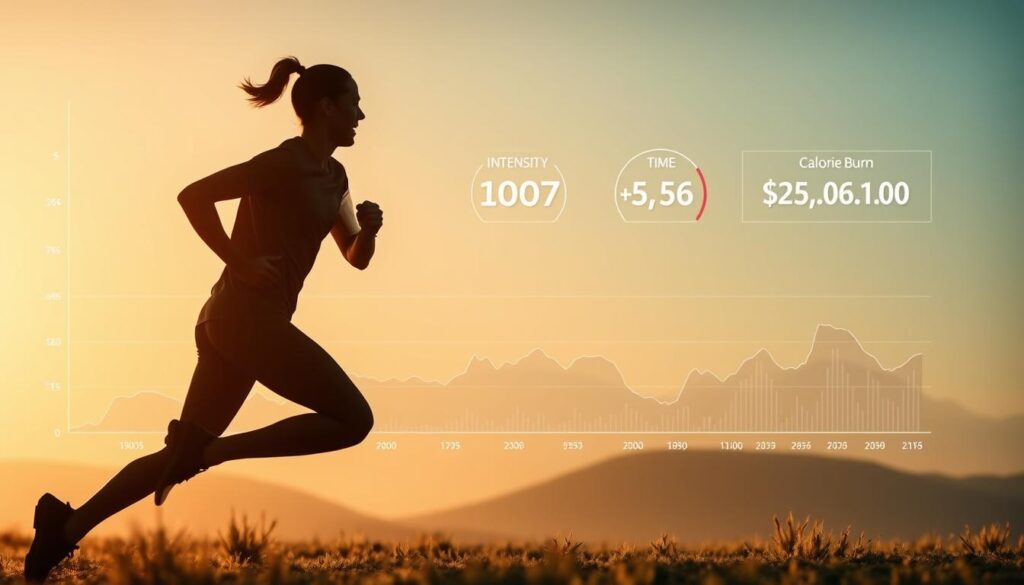 A dynamic fitness landscape with a runner silhouette in the foreground, surrounded by data visualizations depicting intensity, velocity, time, and calorie burn. The background features a gradient of colors representing the transition from cool to warm tones, symbolizing the energy expenditure and metabolic processes. Soft lighting from the side casts long shadows, adding depth and a sense of movement. The composition is balanced, with the runner's form positioned to draw the viewer's attention to the key metrics. The overall scene conveys the concept of optimizing workout parameters to maximize calorie burn and fitness outcomes.
