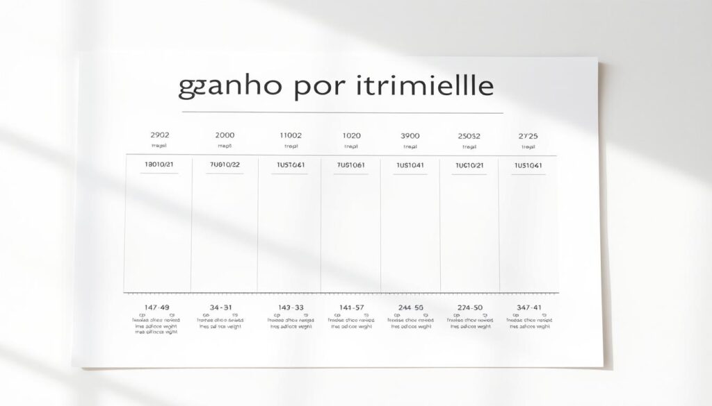A finely detailed illustration of "ganho por trimestre" during pregnancy, captured in a clean, minimalist style. A meticulously rendered chart or graph showcases the typical weight gain ranges for each trimester, with elegant data visualizations and intuitive iconography. The layout is balanced and uncluttered, allowing the information to be the focal point. Soft, natural lighting casts subtle shadows, creating depth and dimension. The overall aesthetic is professional, informative, and visually appealing, perfectly suited to complement the article's subject matter.