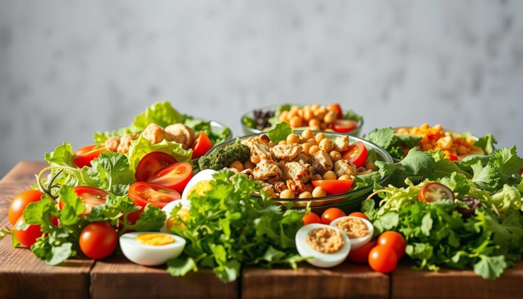 A fresh and vibrant selection of quick salad options arranged on a rustic wooden table, bathed in warm, natural lighting. In the foreground, an array of crisp greens, juicy tomatoes, and colorful vegetables, expertly arranged to showcase their vibrant hues. In the middle ground, a variety of protein-rich ingredients like grilled chicken, hard-boiled eggs, and roasted chickpeas, adding depth and substance to the composition. The background features a simple, yet elegant backdrop, perhaps a soft gray or white wall, allowing the salad components to take center stage and creating a calming, appetizing atmosphere.
