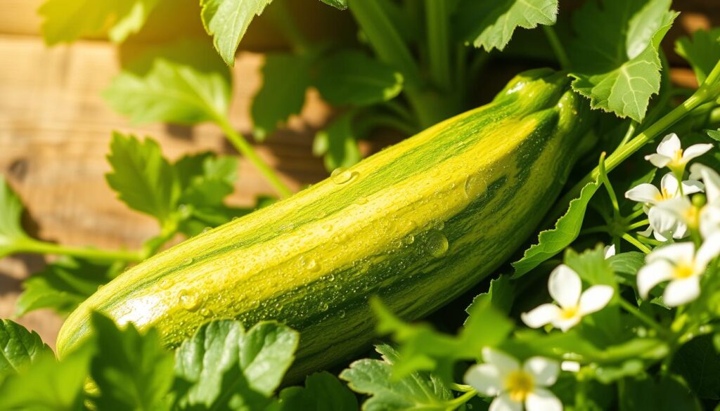 A fresh, vibrant abobrinha (zucchini) glistening with droplets of water, nestled amidst lush green leaves and delicate white flowers. The vegetable occupies the foreground, illuminated by warm, natural sunlight filtering through a softly blurred background of rustic wooden planks. The composition evokes a sense of simplicity and wholesome goodness, perfectly suited to complement a low-carb recipe in a culinary guide for beginners.