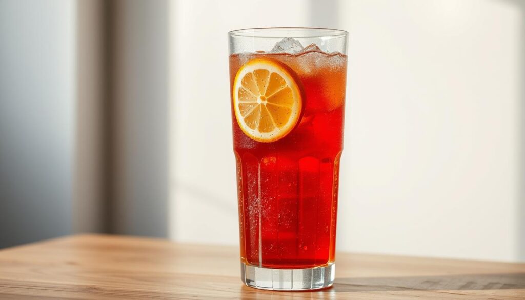 A glass of sparkling, bubbly soda with a slice of lemon floating on the surface, condensation forming on the cool, transparent vessel. The liquid is a vibrant, deep red hue, illuminated by soft, diffused lighting that creates a warm, inviting atmosphere. The glass is positioned on a wooden table, surrounded by a minimal, minimalist setting that allows the refreshing, tempting beverage to take center stage. The overall mood is one of simplicity, refreshment, and the temptation to indulge in a moment of guilty pleasure, yet with a hint of restraint and the desire to break free from the habit.