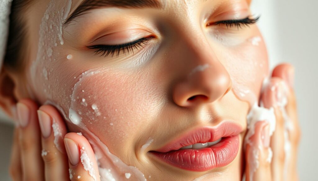 A high-quality close-up portrait of a woman's face undergoing a thorough cleansing routine. The skin appears radiant and refreshed, with gentle foam lather being massaged into the pores. Soft, diffused lighting creates a serene, spa-like atmosphere, highlighting the delicate features and natural texture of the skin. The woman's expression conveys a sense of calm and relaxation as she attends to her skincare needs. The composition emphasizes the importance of a well-executed, step-by-step cleansing process in maintaining healthy, blemish-free skin.