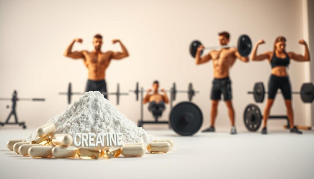A highly detailed, photorealistic image of the benefits of creatine supplements. The foreground shows a cluster of creatine monohydrate capsules and powder, arranged neatly against a plain white background. The middle ground depicts muscular male and female figures engaged in various strength training exercises, such as bench presses, squats, and deadlifts, highlighting the improvements in muscle mass and power output. The background features a clean, minimalist setting with soft, warm lighting, creating a sense of focus and clarity. The overall mood is one of clinical precision and scientific authority, emphasizing the proven, research-backed benefits of creatine supplementation.