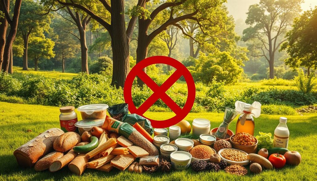 A lush, verdant landscape with a prominent focal point showcasing a variety of "forbidden" foods for the Paleo diet. In the foreground, an assortment of modern processed items such as breads, pastas, and sugary snacks are arranged in a disorderly fashion, casting an ominous shadow. In the middle ground, a collection of dairy products, legumes, and grains are displayed, symbolizing the restricted items. The background features a serene, natural environment with towering trees, lush foliage, and a warm, golden lighting, representing the ideal Paleo-friendly ingredients. The overall composition conveys a sense of temptation and the challenge of adhering to the Paleo lifestyle, inviting the viewer to consider the dietary restrictions and the importance of embracing a more ancestral way of eating.