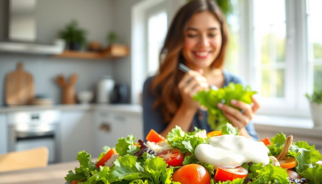 A lush, vibrant salad in the foreground, showcasing an array of fresh greens, colorful vegetables, and a light, creamy dressing. In the middle ground, a woman enjoying the salad, her expression serene and content. The background features a sunny, airy kitchen, with natural light streaming in through large windows, highlighting the health benefits and easy preparation of this nutritious meal. The overall scene conveys a sense of wellness, balance, and the simple pleasures of eating well for weight loss.