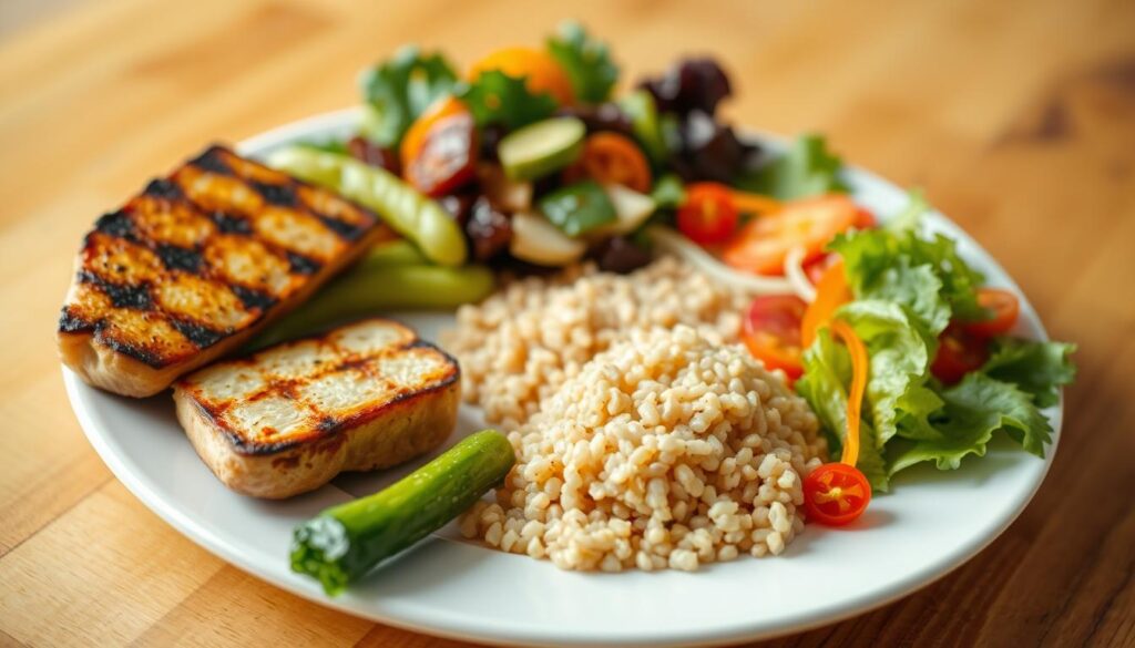 A neatly arranged plate showcasing a balanced and nutritious "prato equilibrado". In the foreground, various colorful and fresh ingredients are meticulously placed - grilled lean protein, steamed vegetables, a small portion of whole grains, and a vibrant salad. The middle ground features a clean, minimalist white plate set against a warm, softly-lit background, perhaps a wooden table or rustic kitchen countertop. The overall atmosphere conveys a sense of simplicity, wellness, and culinary harmony, inviting the viewer to envision a wholesome, portion-controlled meal that supports a healthy, rapid weight-loss diet.